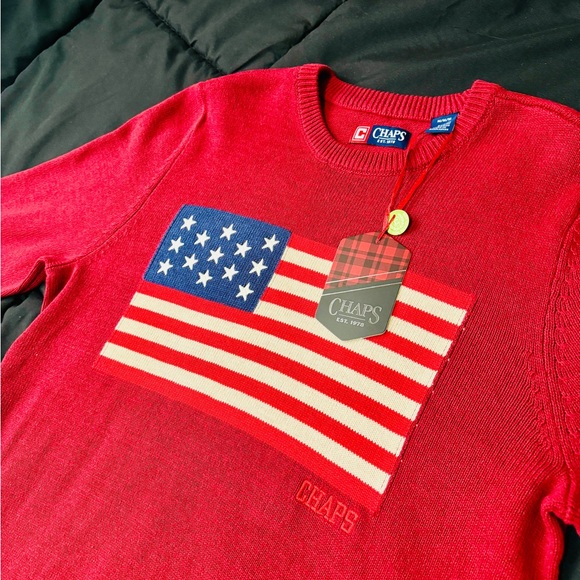 Chaps Red Crewneck Sweater with American Flag